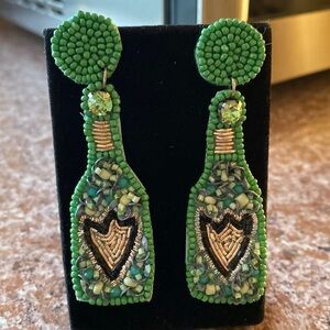 LARGE green beaded‎ champagne bottle circle post dangle earrings